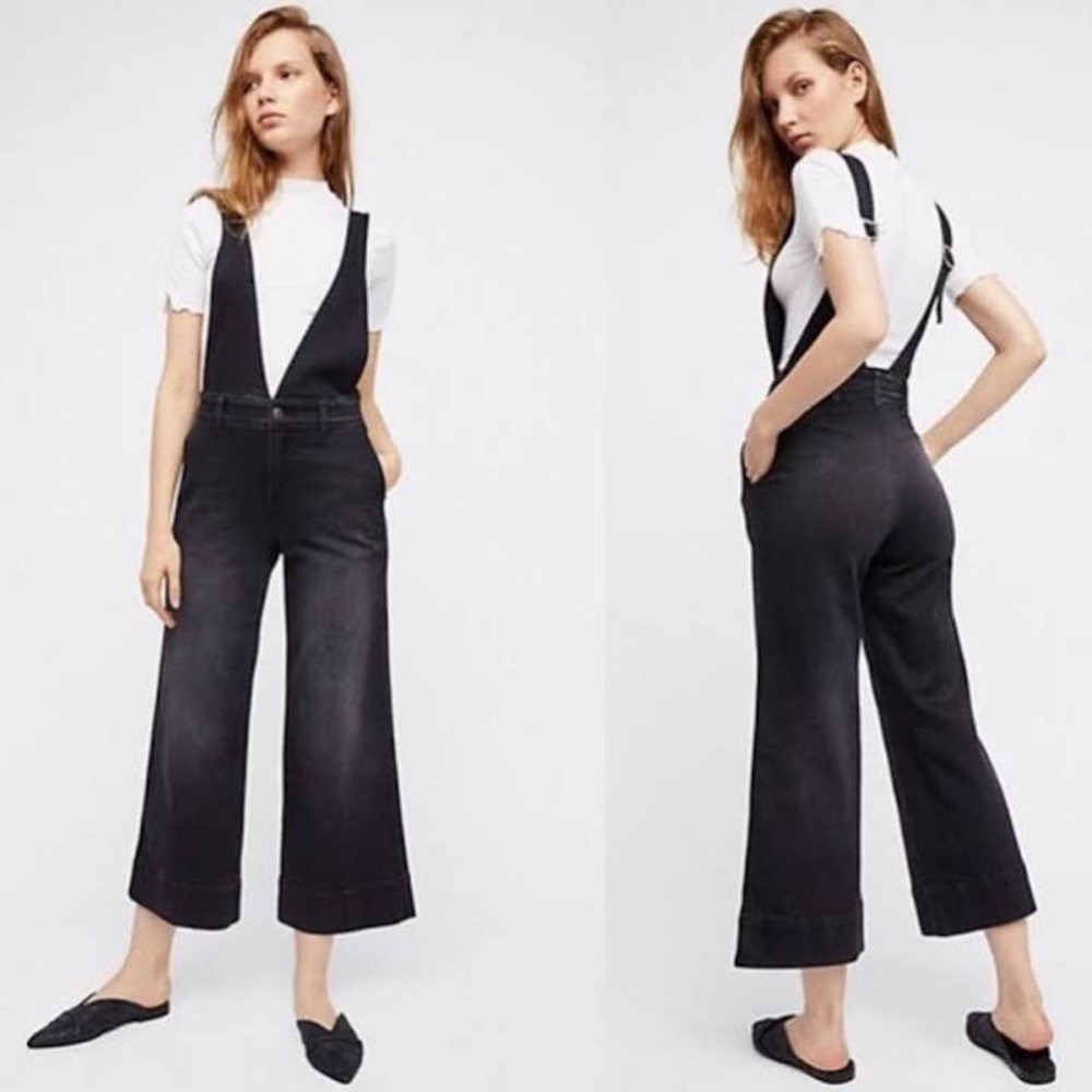 Free People Black A-Line Wide Leg Overalls